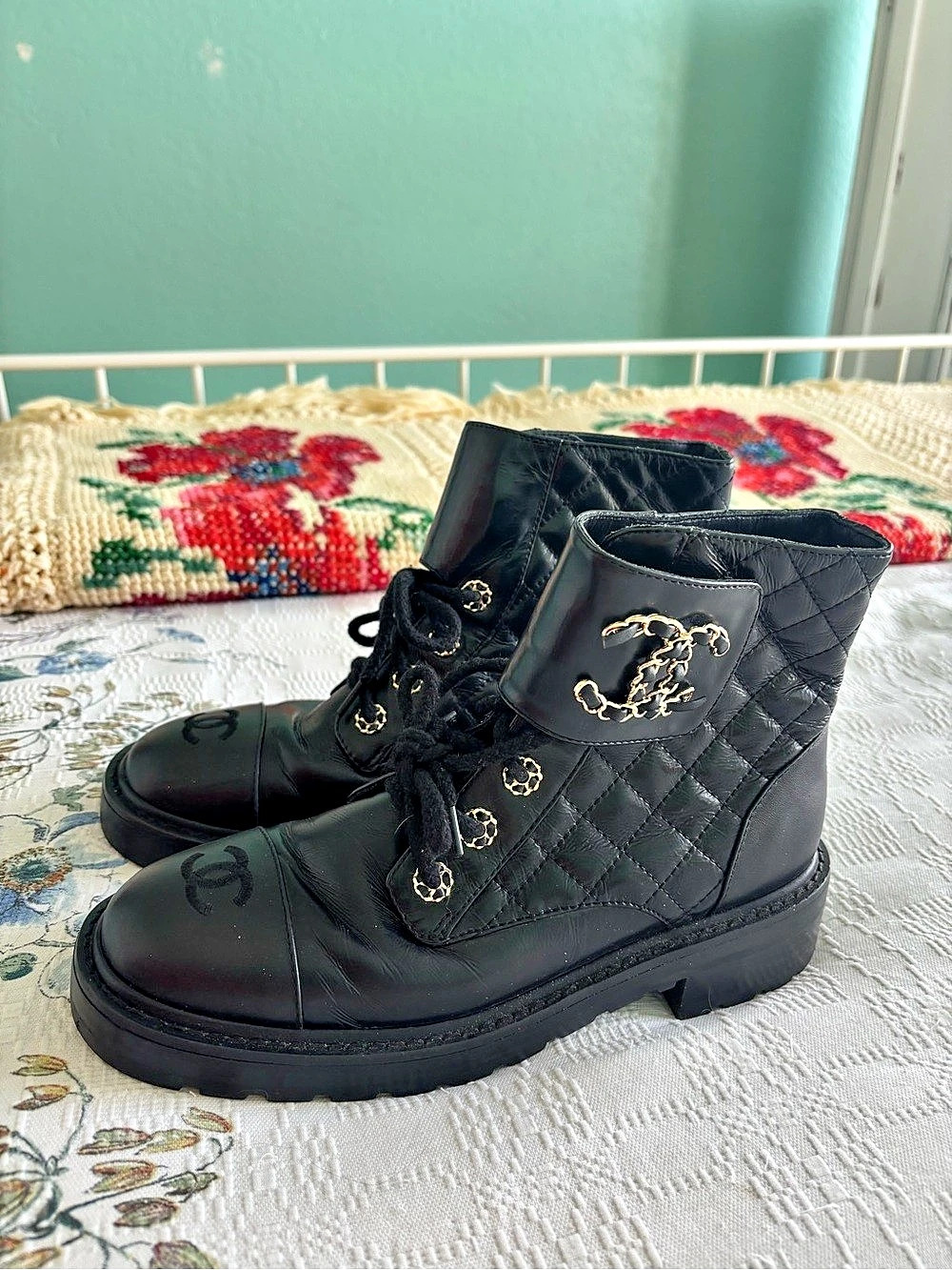 Chanel Shiny Calfskin Quilted Lace Up Combat Boots Black